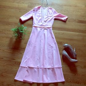 🆕 V Neck Solid Pink High Waist Dress
